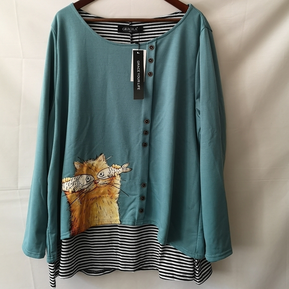 Women's Gracila Long Sleeve w Cat Design 5xl New - Picture 1 of 5